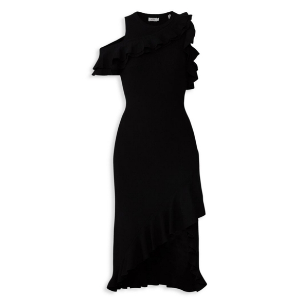 ALC Kellam Black Ribbed Cold Shoulder Ruffle Trim Stretch Knit Midi Dress Large - Picture 5 of 16